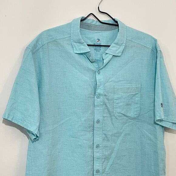 Kuhl Linen Blend Button Down Shirt Mens XL Light Blue Short Sleeve Summer Beach - Picture 7 of 7